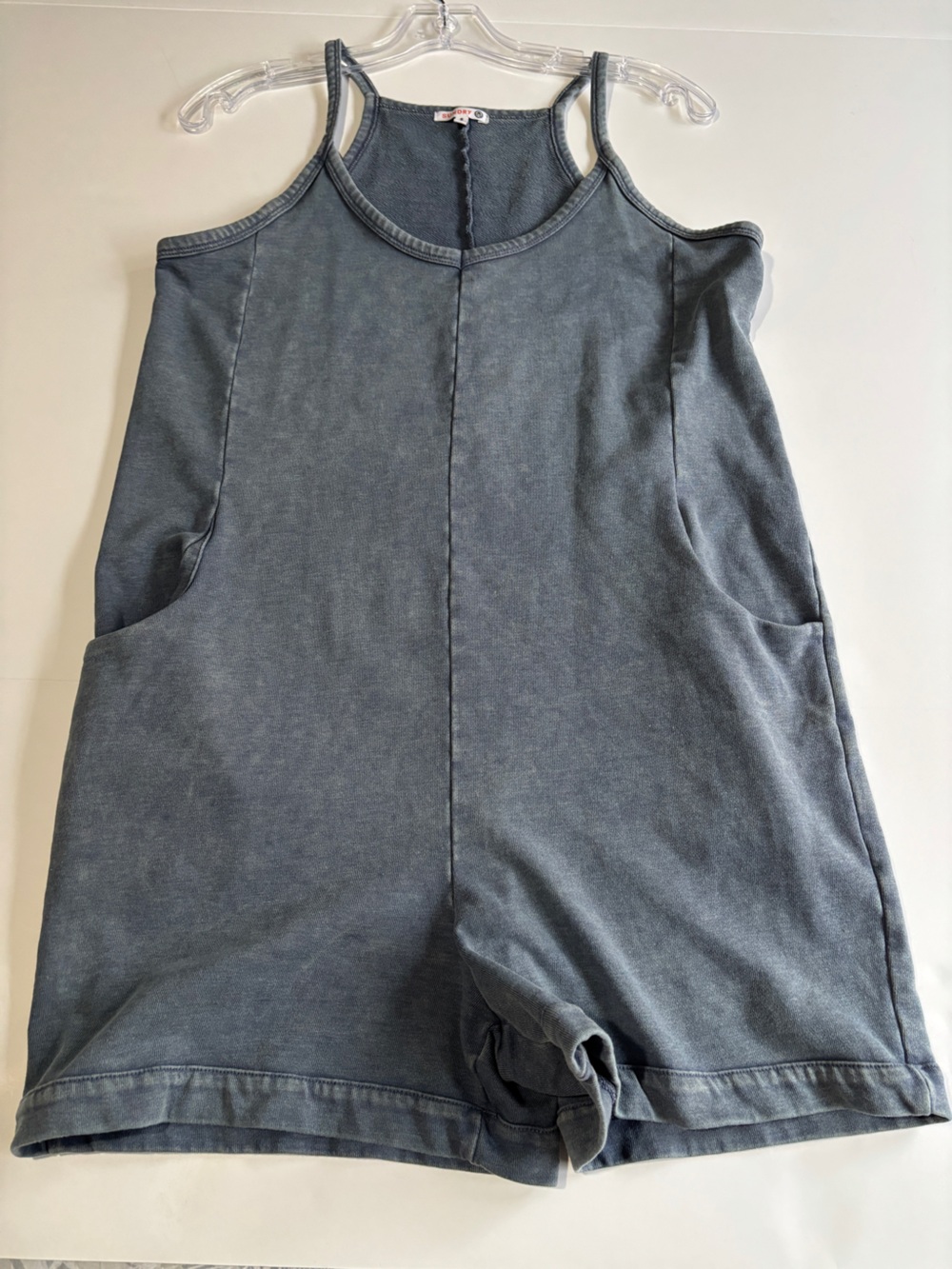 Sundry Washed Blue French Terry Sleeveless Romper Pockets Scoop Neck - Small